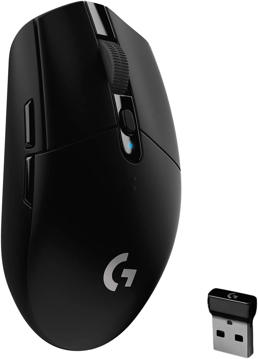 Logitech G G305 LIGHTSPEED Wireless Mouse in black color with a USB nano receiver.